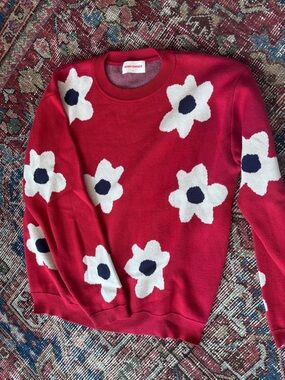 Bobo Choses Red Crewneck Sweater with White & Navy Floral